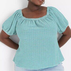 Green Gingham Women's Top Blouson-Sleeve Convertible Top #114